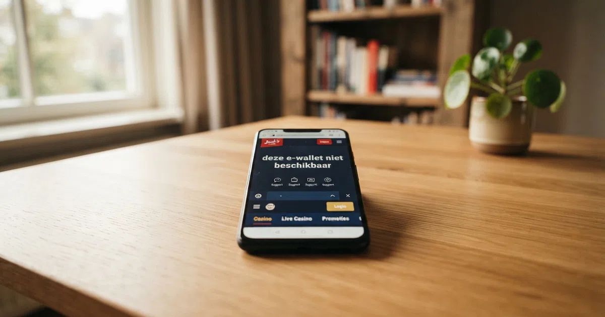 Een smartphone met het Skrill-logo naast een Nederlandse casino-interface waarop 'Skrill niet beschikbaar' wordt weergegeven