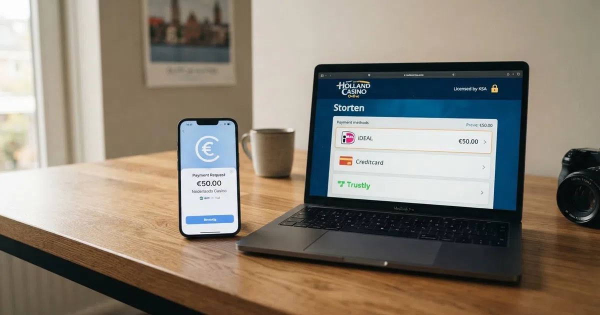Een smartphone met de Tikkie-betaalverzoek-app in beeld naast het stortingsscherm van een online casino met iDEAL-keuzemenu