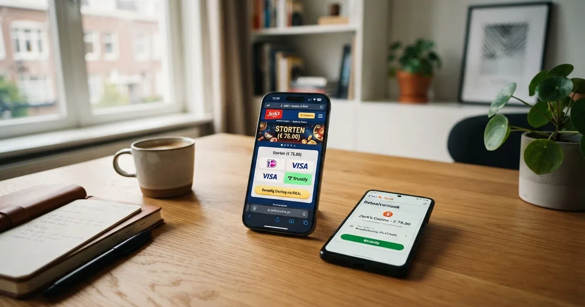 Rij van smartphone-schermen met Trustly-casino-interface en een Nederlandse bank-app op de voorgrond