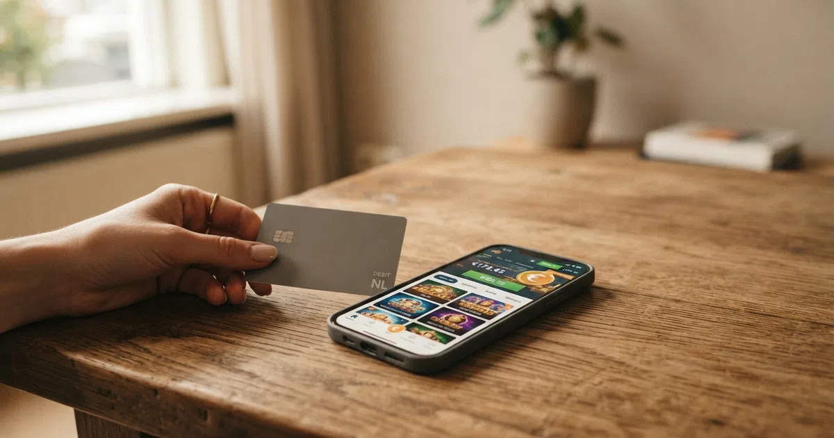 Een close-up van een Nederlandse speler die een Visa-betaalkaart vasthoudt naast een smartphone met een online casino-interface met het KSA-keurmerk