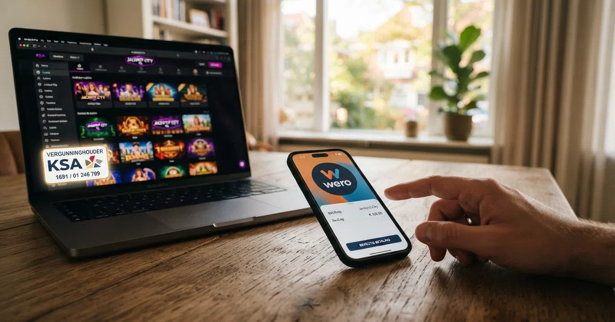 Een smartphone met het Wero-betaallogo naast een online casino-interface op een laptopscherm