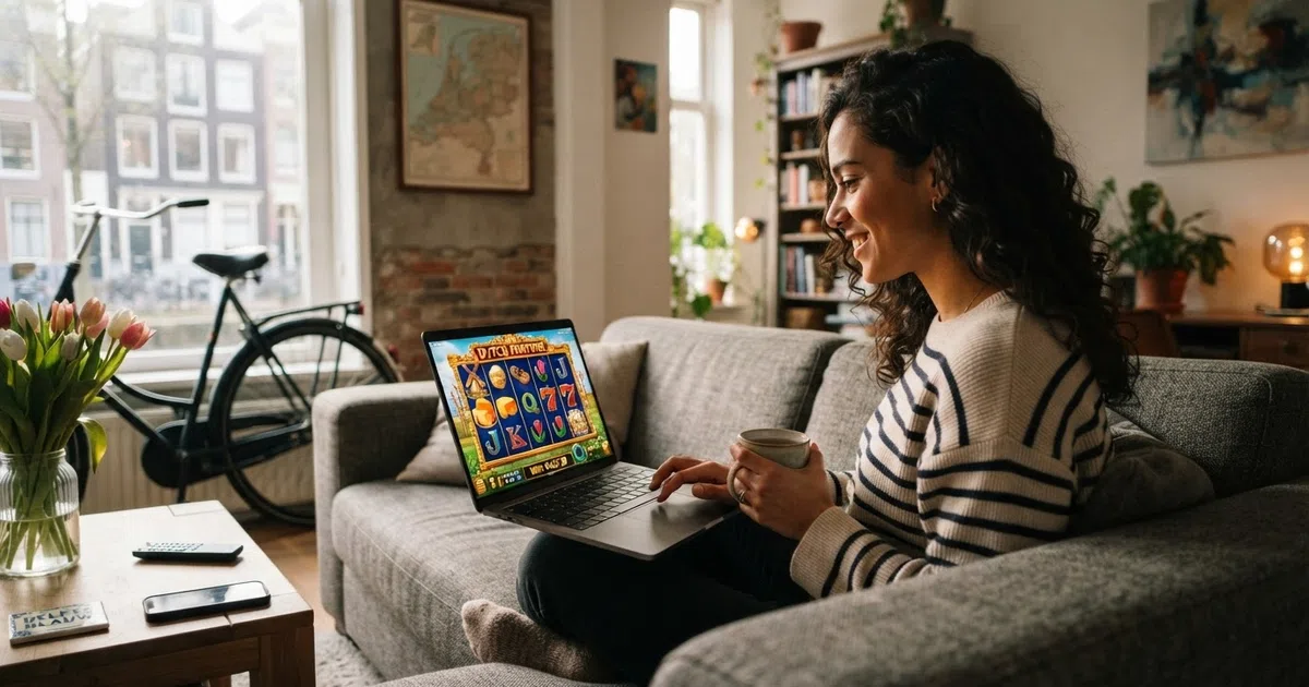 Een Nederlandse speler die op zijn laptop een online casino bezoekt, met op de achtergrond een visuele weergave van het Cruks-logo dat doorgestreept of afwezig is.