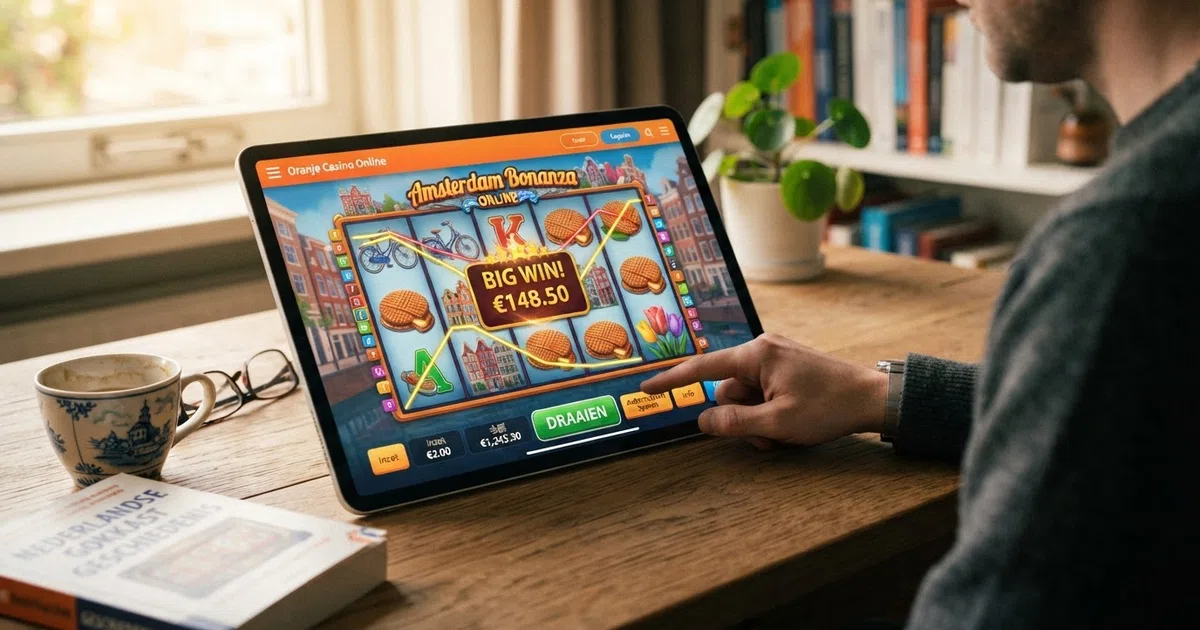 een kleurrijk scherm met meerdere online gokkasten in een Nederlandse casino-interface, met zichtbare inzetknoppen en winlijnen