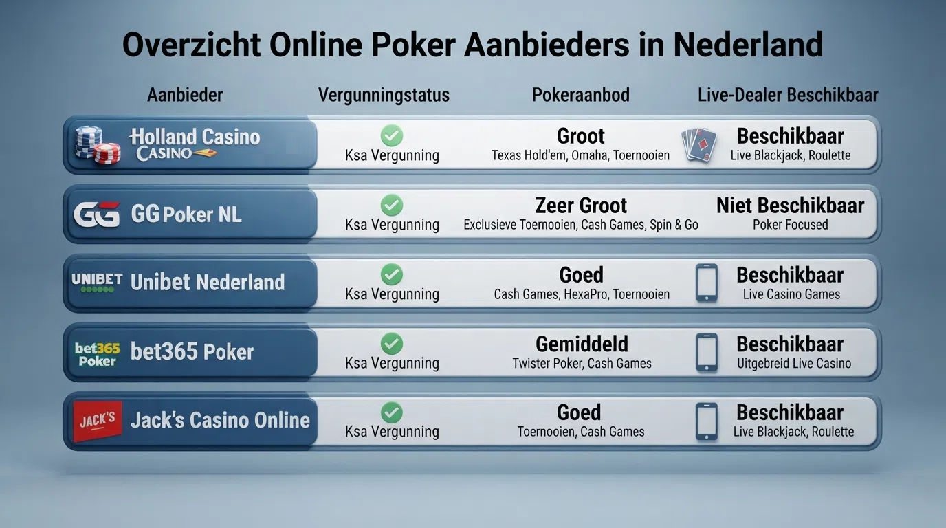 Overzicht van de tien besproken Nederlandse pokeraanbieders in een vergelijkingstabel met hun vergunningstatus en pokeraanbod