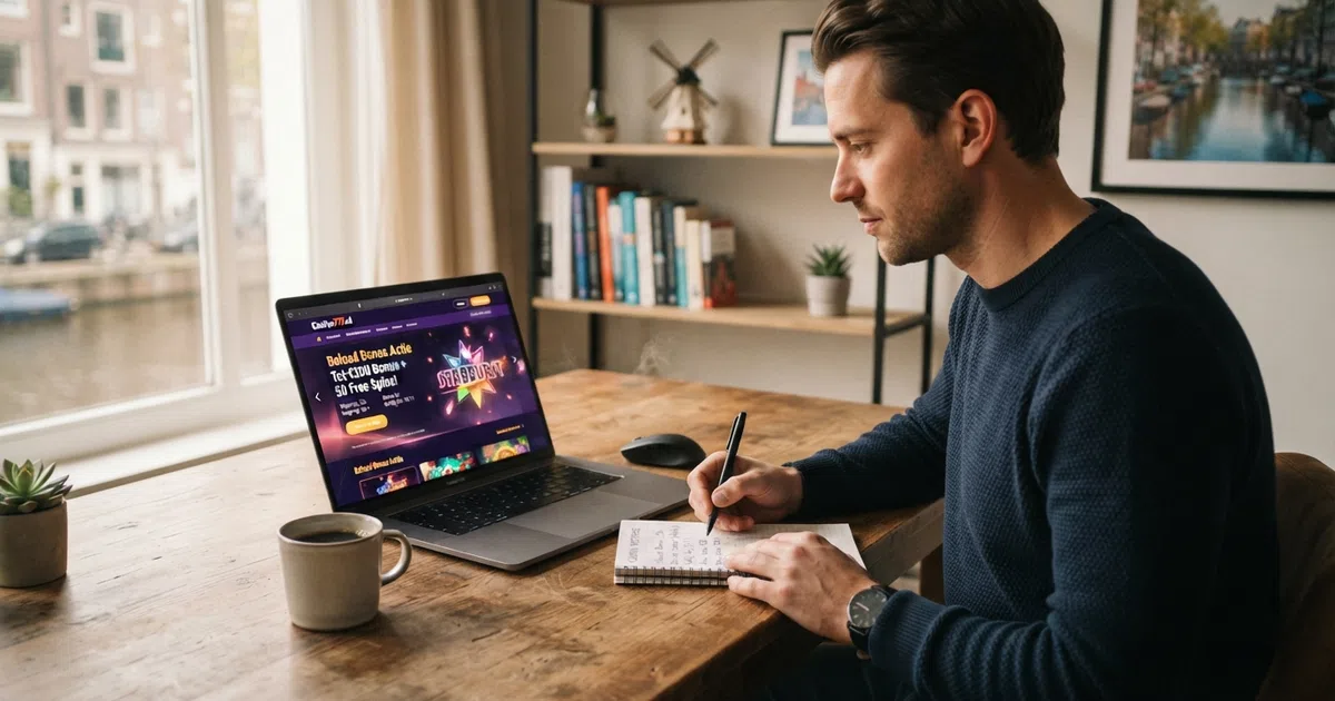 Een Nederlandse speler bekijkt reload bonus aanbiedingen op een laptop, met een kop koffie ernaast en een notitieblok met aantekeningen over voorwaarden.