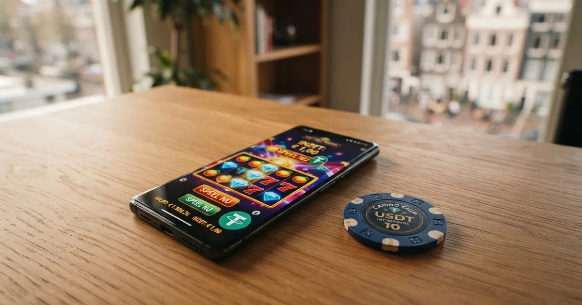 Een close-up van een smartphone met een USDT casino-spel op het scherm en een Tether-munt zichtbaar op de interface