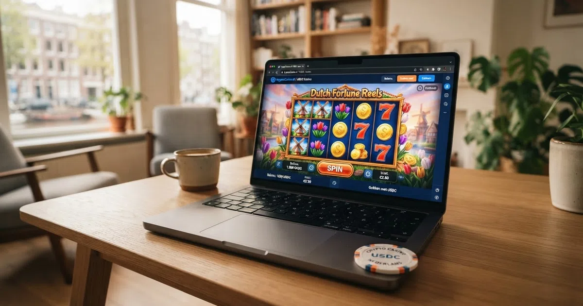 Een laptopscherm met een USDC-casino-interface en een cryptocurrency-wallet ernaast op een bureau