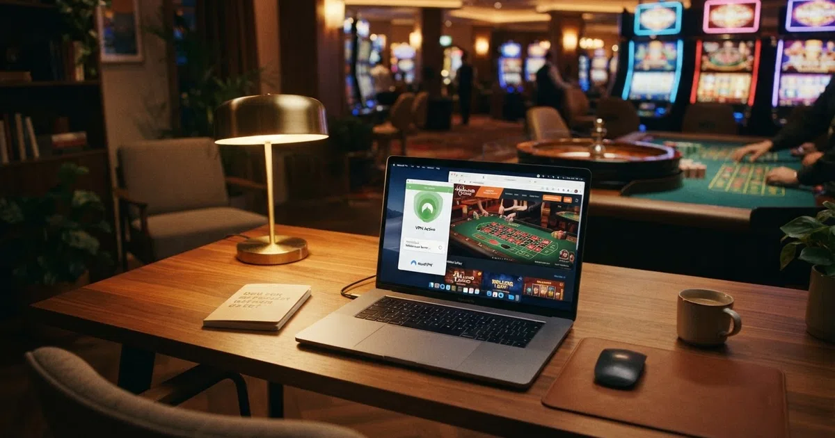 Een laptopscherm met een VPN-interface die verbinding maakt met een server, met op de achtergrond een casinolobby met slots en tafelspellen