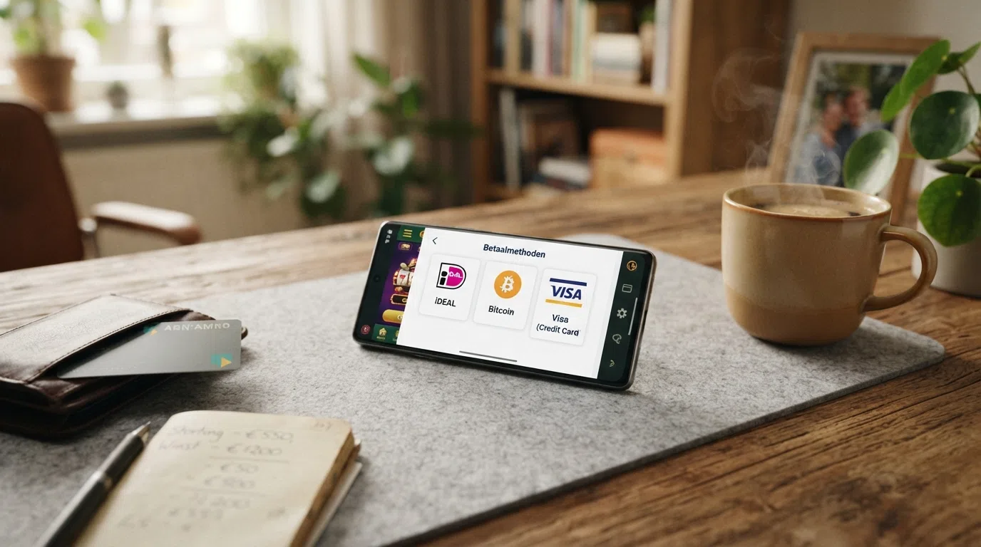 Een smartphone met daarop de logo's van iDEAL, Bitcoin, en een creditcard, met een waarschuwingssymbool dat aangeeft dat transacties geblokkeerd kunnen worden.