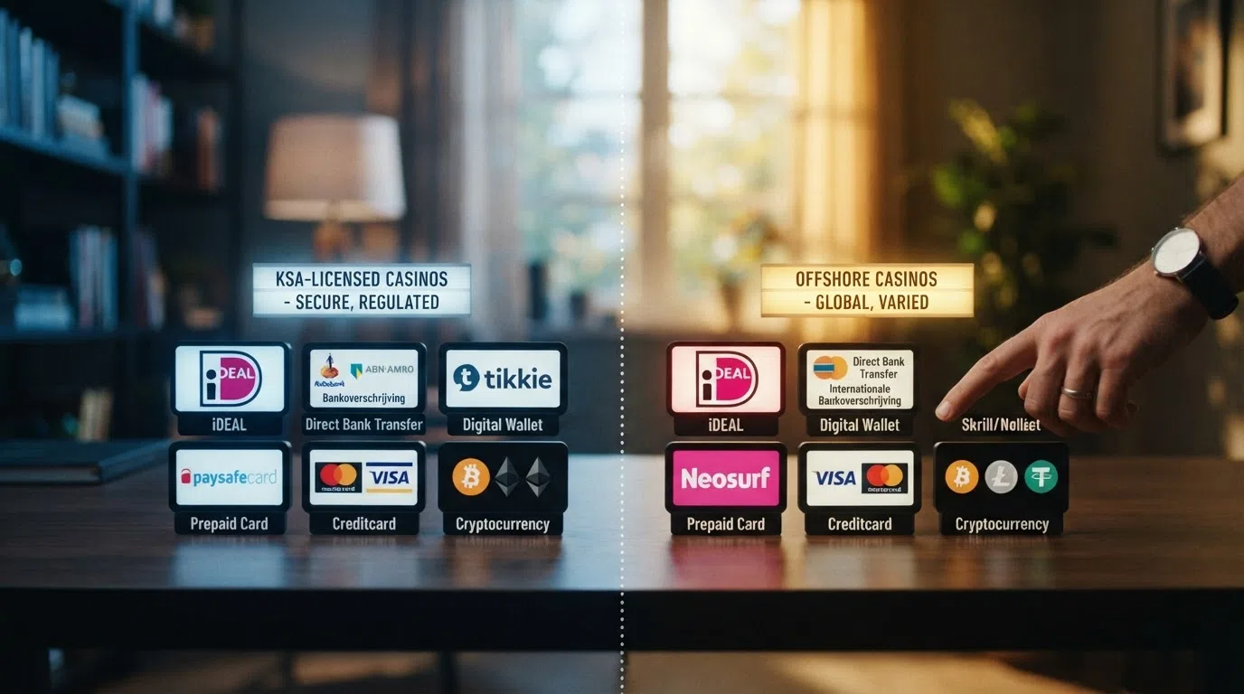 Een reeks betaaliconen (iDEAL, crypto, creditcard, Trustly) gesplitst door een stippellijn — links de methoden voor KSA-casino's, rechts voor offshore