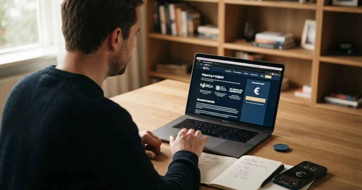 Een Nederlandse speler bekijkt een buitenlands online casino op zijn laptop, met vergunningsdocumenten en een bonusvoorwaarden-lijst zichtbaar op het scherm.