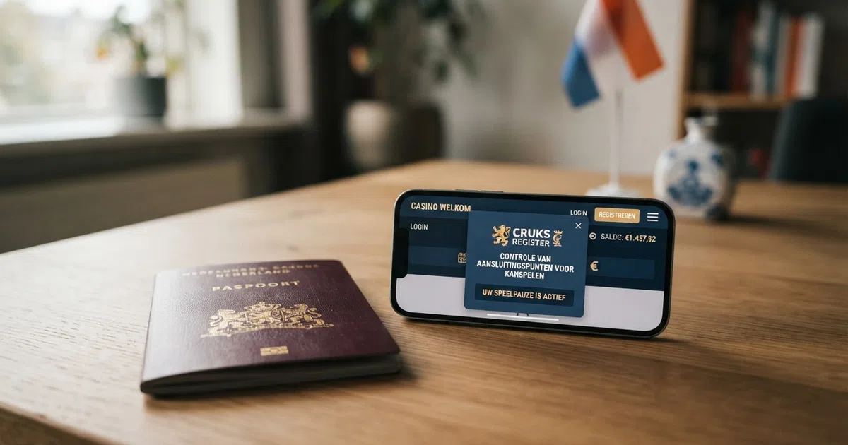 Een Nederlands paspoort naast een smartphone met een casino-startpagina en het CRUKS-logo op het scherm