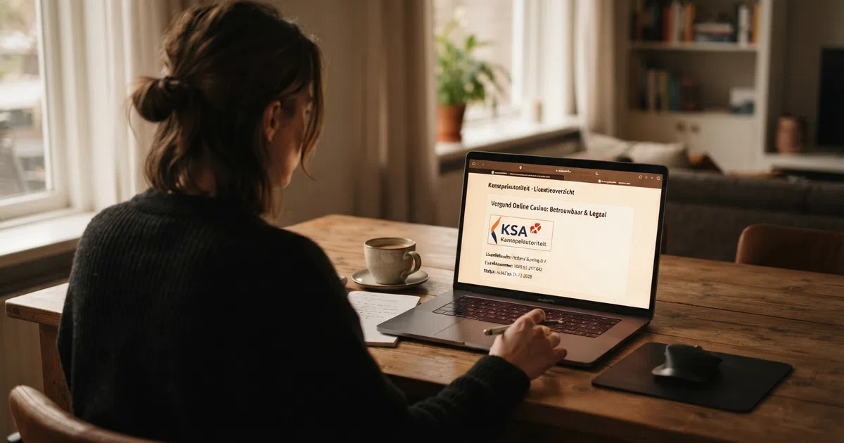 Een Nederlandse speler die op een laptop de vergunningpagina van een online casino bekijkt, met een kop koffie ernaast.