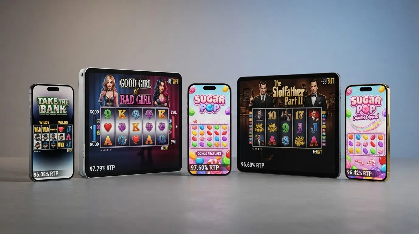Vijf Betsoft-slots naast elkaar getoond: Take the Bank, Good Girl Bad Girl, Sugar Pop, The Slotfather Part II en Sugar Pop 2 met hun RTP-percentages zichtbaar