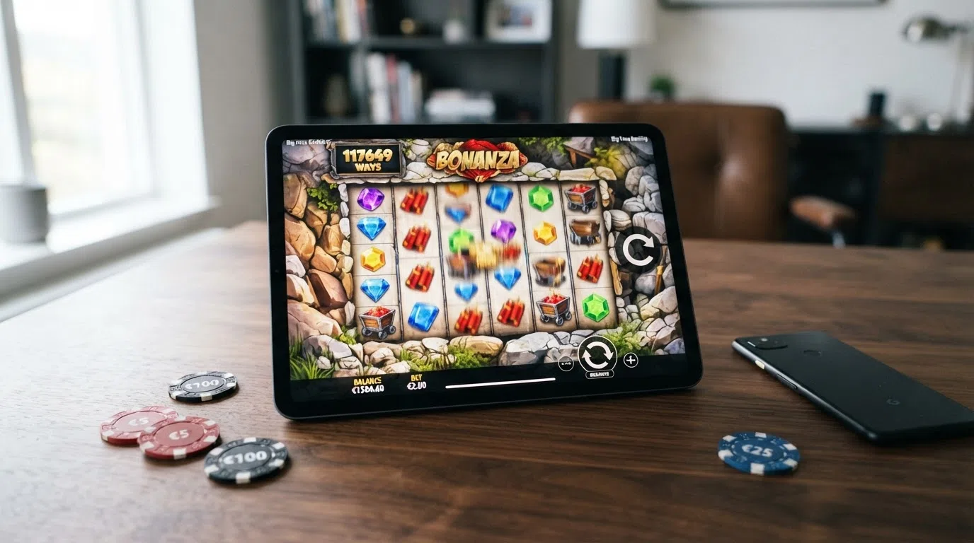 Een schermafbeelding van de Bonanza-gokkast in actie met de cascading reels zichtbaar en het 117.649-winlijnen-label