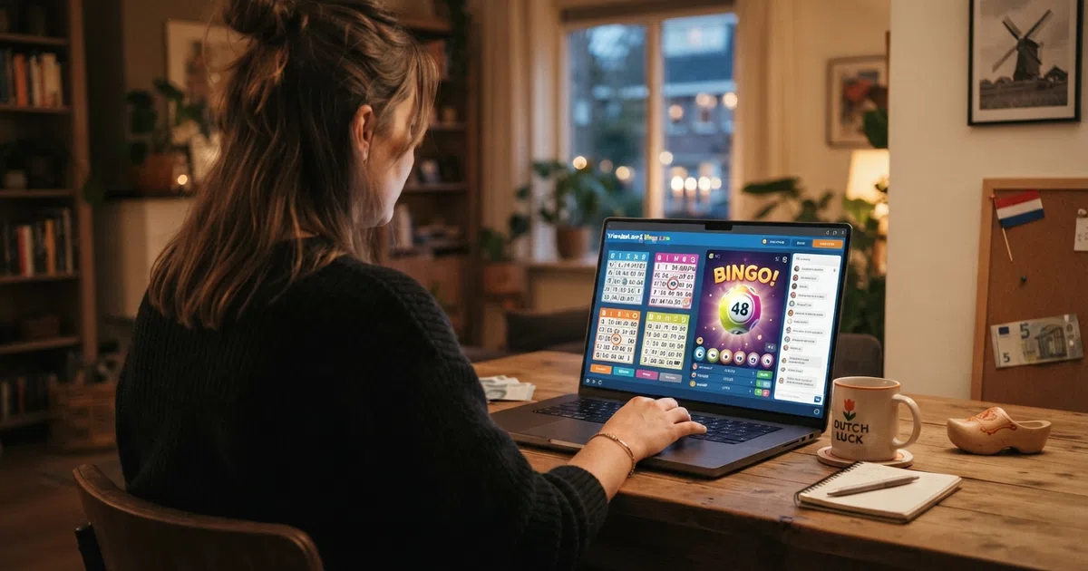 Een Nederlandse speler zit aan een laptop met een online bingospel in beeld; op het scherm zijn meerdere bingokaarten zichtbaar en een bingobal die net getrokken wordt