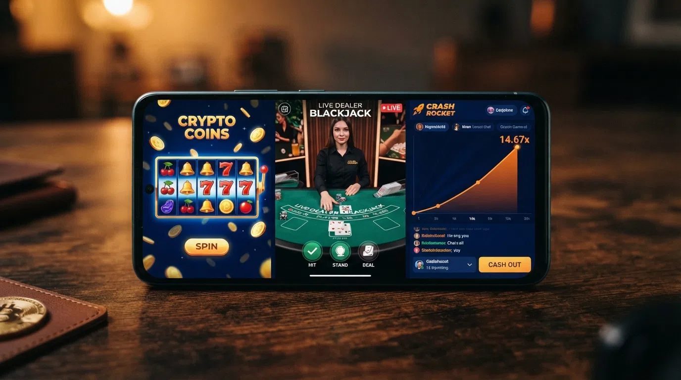 Een scherm toont drie spelcategorieën van een bitcoin casino naast elkaar: een kleurrijke slot, een live blackjack-tafel met dealer, en een crash-spel met een stijgende multiplier-grafiek