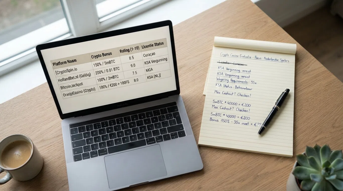 Een laptopscherm toont een vergelijkingspagina van bitcoin casino's met namen, bonusbedragen en sterrenbeoordelingen, met daarnaast een notitieblok waarop licentienamen zijn aangestreept