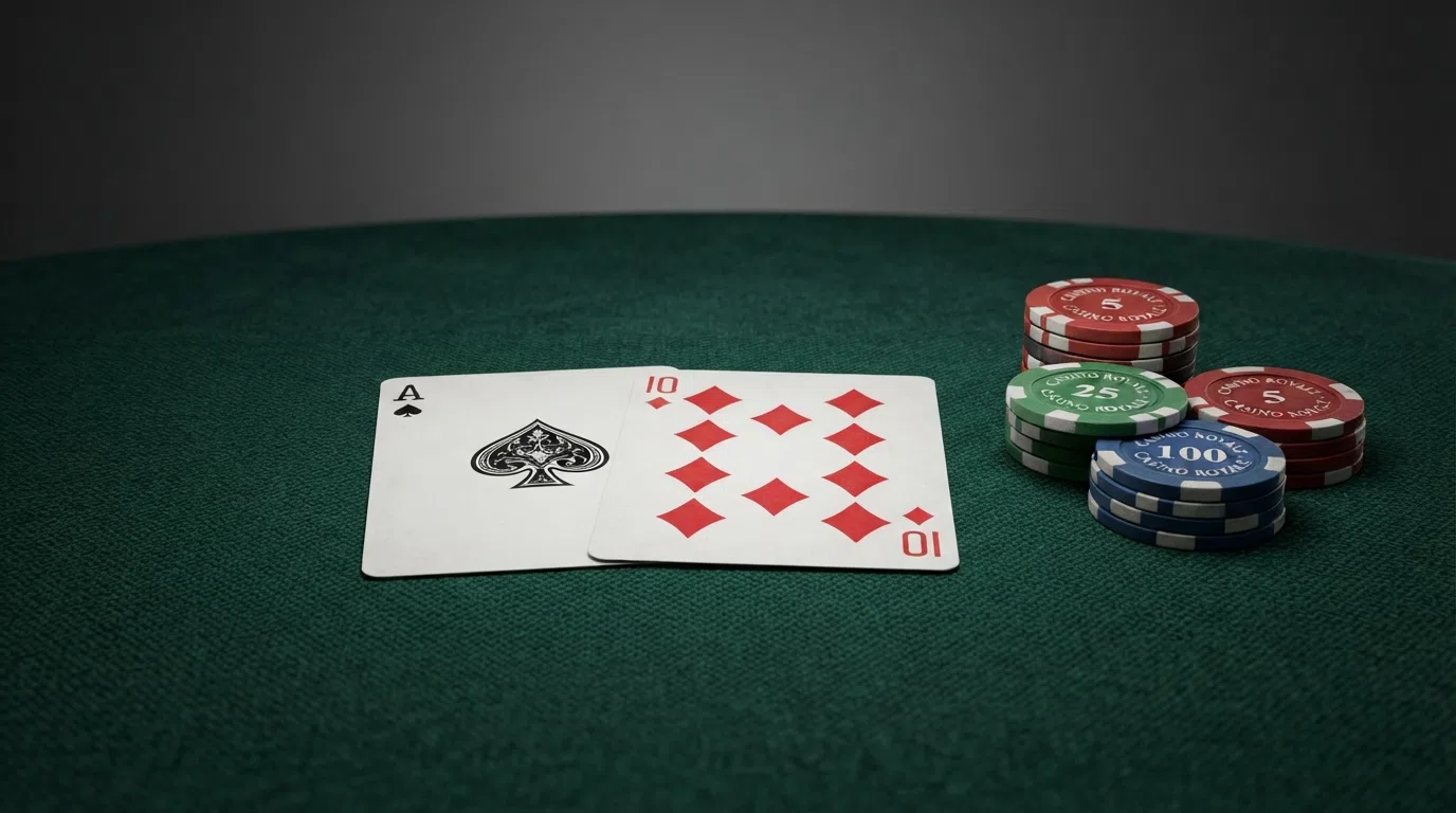 Een blackjacktafel met kaarten en fiches, met een overlay die het huisvoordeel van 0,4% bij optimale basic strategy toont.