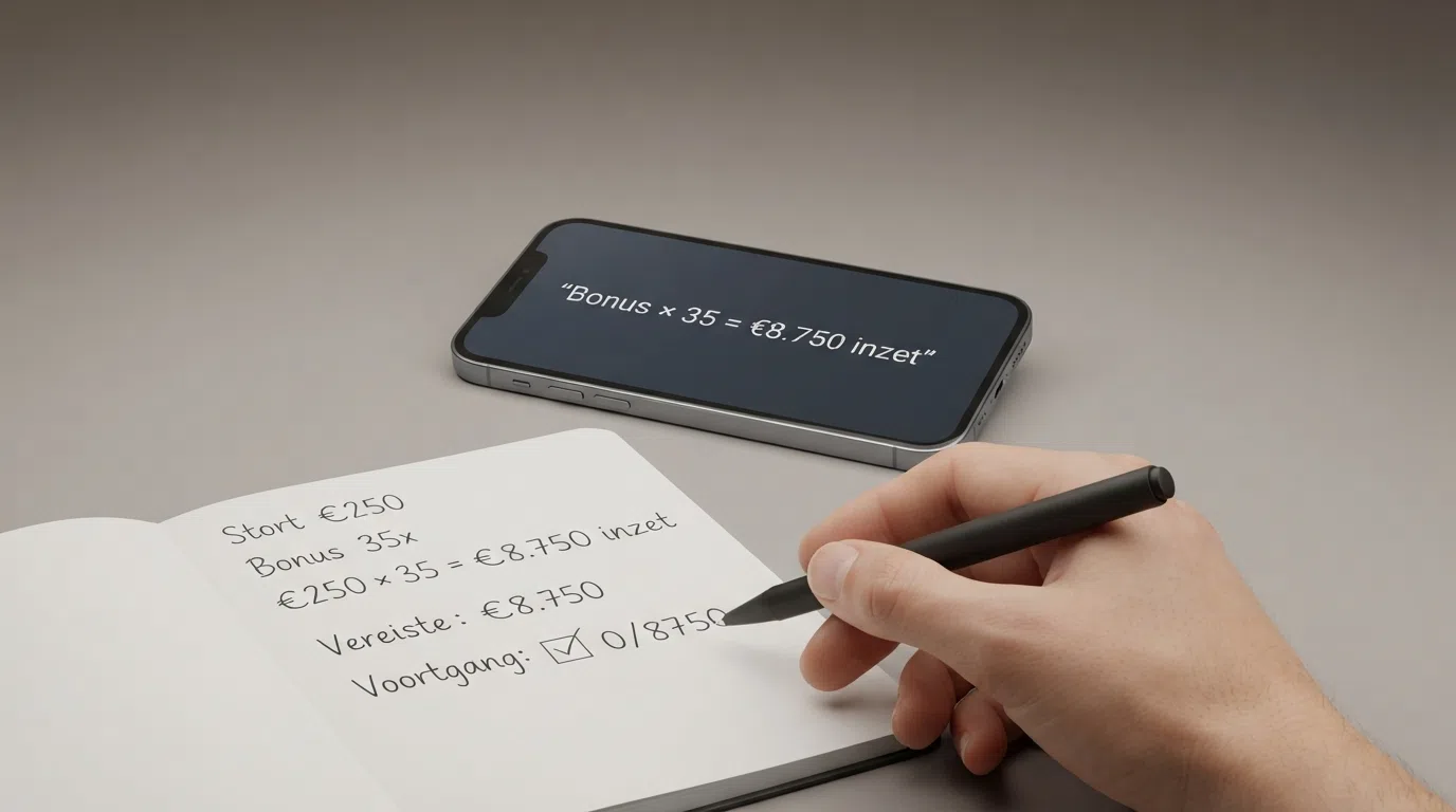 Een close-up van een smartphone met een casino-bonusscherm, een rekenmachine ernaast en een notitieblok met de som bonus × wagering = vereiste inzet