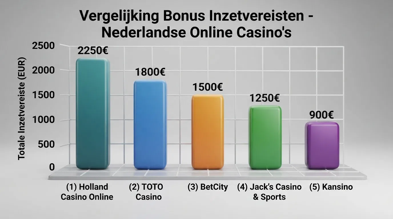 Alt: Een staafdiagram dat voor vijf Nederlandse casino's het bonusbedrag in euro's afzet tegen het totale inzetbedrag dat nodig is om aan de rondspeelvoorwaarden te voldoen