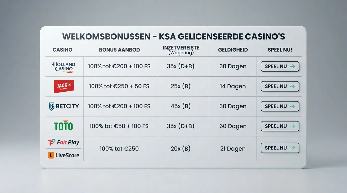 Een gestileerde vergelijkingstabel met Nederlandse casino's, hun welkomstbonus, rondspeelvoorwaarde en geldigheid naast elkaar
