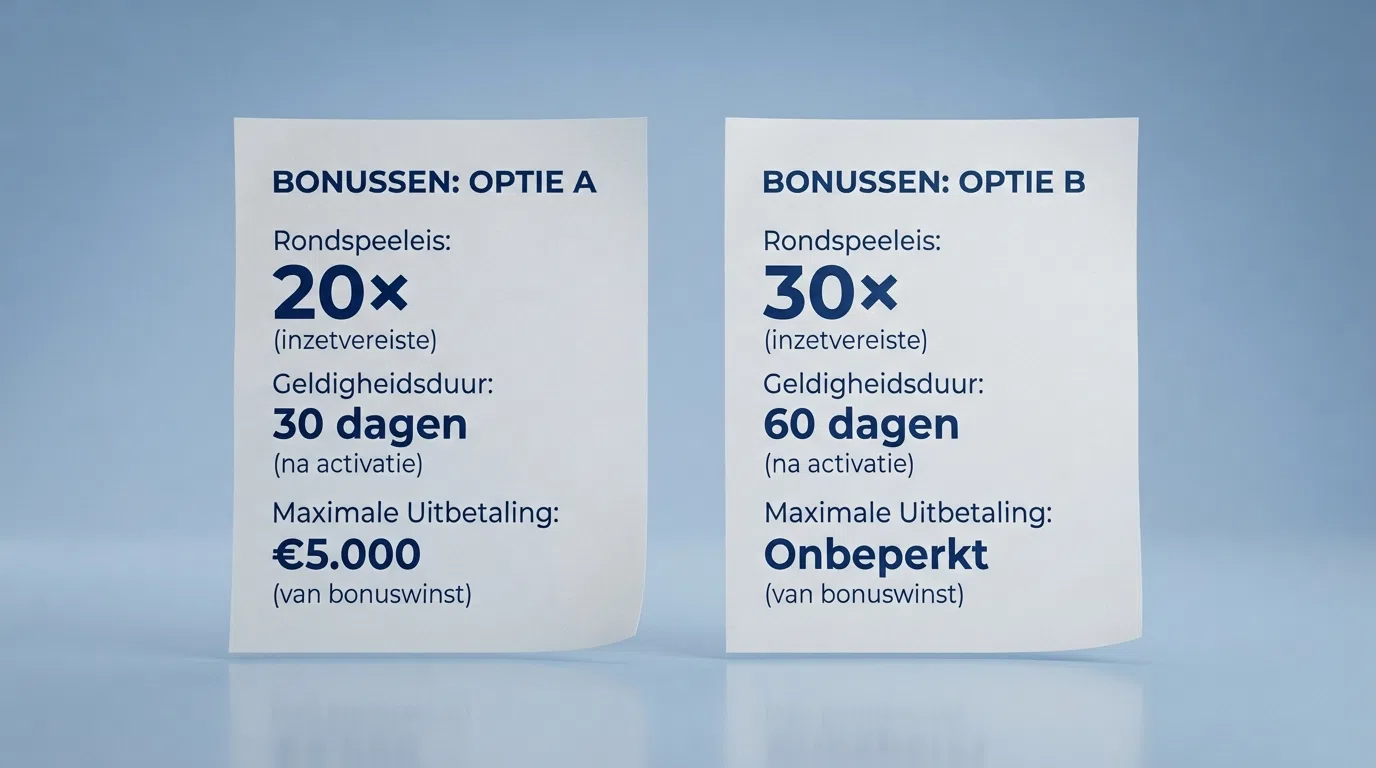 Een close-up van twee bonusvoorwaarden-naast-elkaar met de rondspeeleis, geldigheidsduur en het maximum uitbetalingsbedrag uitgelicht