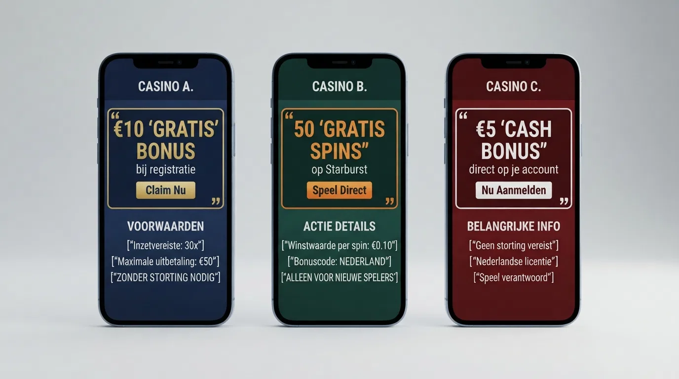 Een overzichtelijke vergelijking van de belangrijkste bonuskenmerken van twee of drie uitgelichte KOA-casino's, met de nadruk op wel of geen storting vereist.
