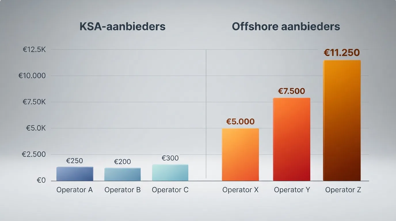 Een staafdiagram dat de maximale welkomstbonus van zes aanbieders vergelijkt, met KSA-aanbieders in het laagste bereik en offshore aanbieders uitschietend naar €11.250