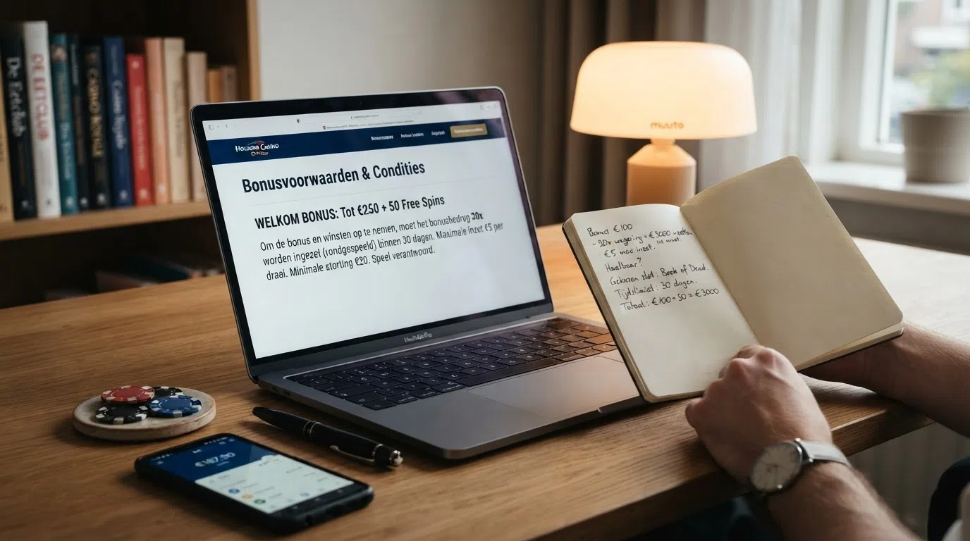 Een close-up van bonusvoorwaarden in kleine letters op een casinoscherm, met een pen ernaast