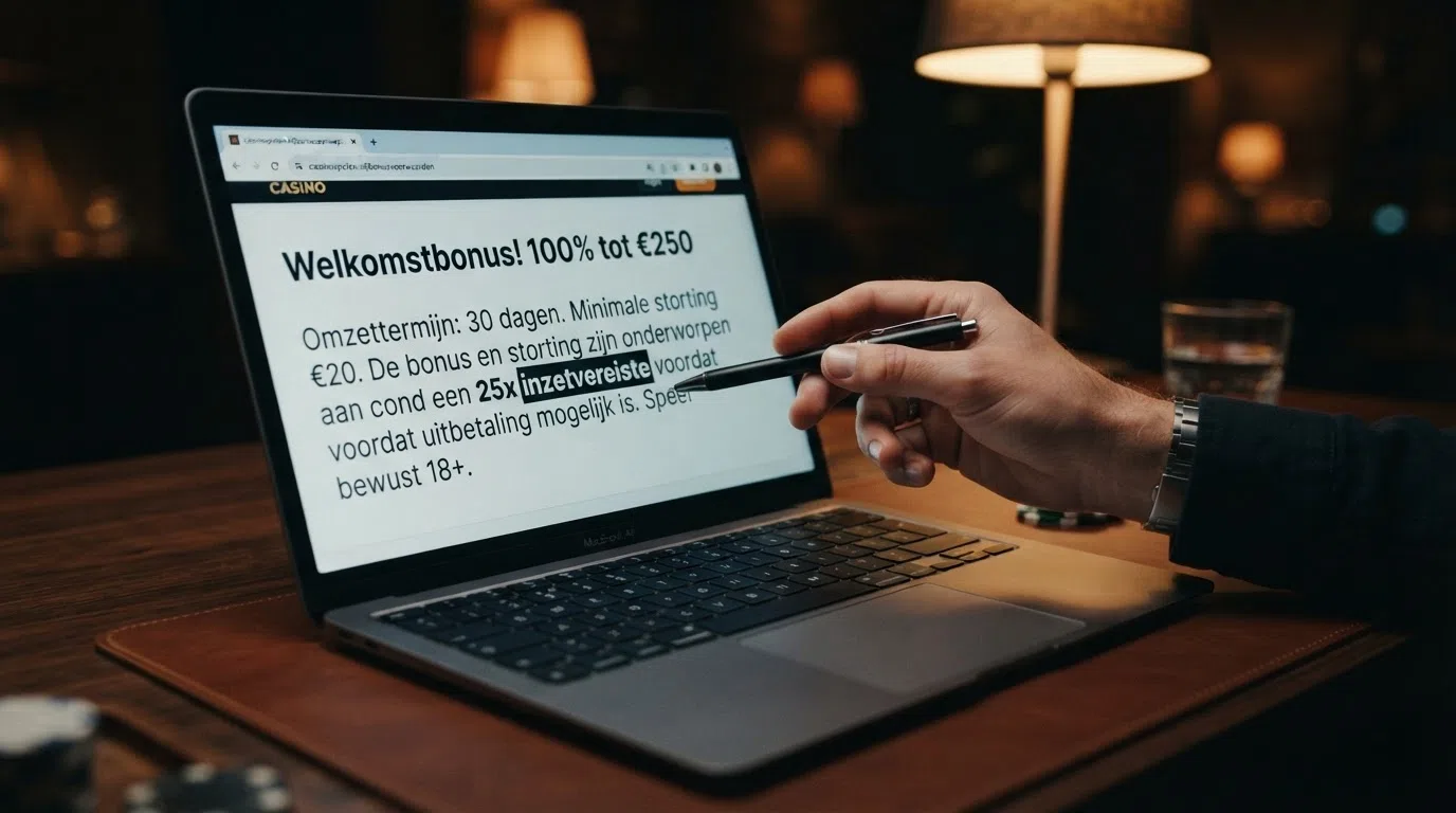 Een close-up van bonusvoorwaarden op een scherm, met een pen die het woord 'inzetvereiste' aanwijst, tegen een donkere casino-achtige achtergrond