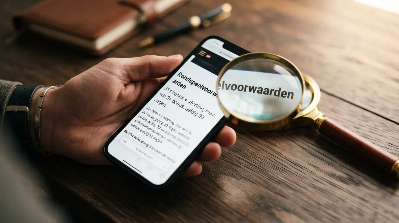 Een close-up van een bonusvoorwaardenpagina met een vergrootglas op de rondspeelvoorwaarden, naast een rekenmachine