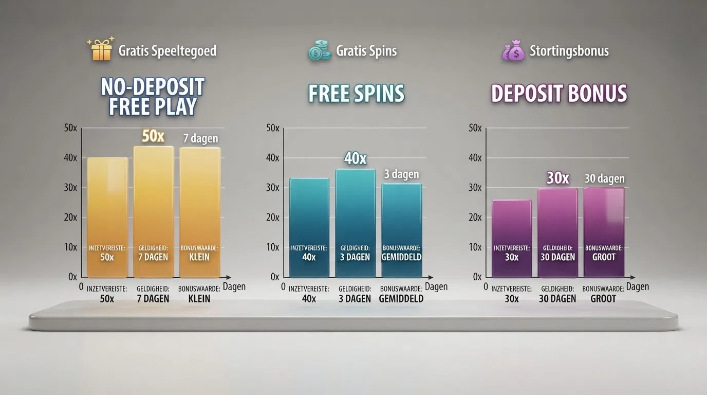 Een overzichtelijke vergelijking van drie verschillende bonustypen — gratis speelgeld, free spins en een stortingsbonus — met hun rondspeelvoorwaarden en geldigheidstermijnen naast elkaar
