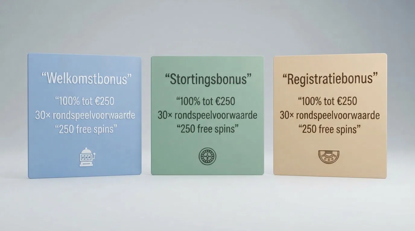 Drie gestileerde bonuskaarten van Nederlandse online casino's met verschillende bonusbedragen, free-spins-aantallen en rondspeelvoorwaarden naast elkaar.