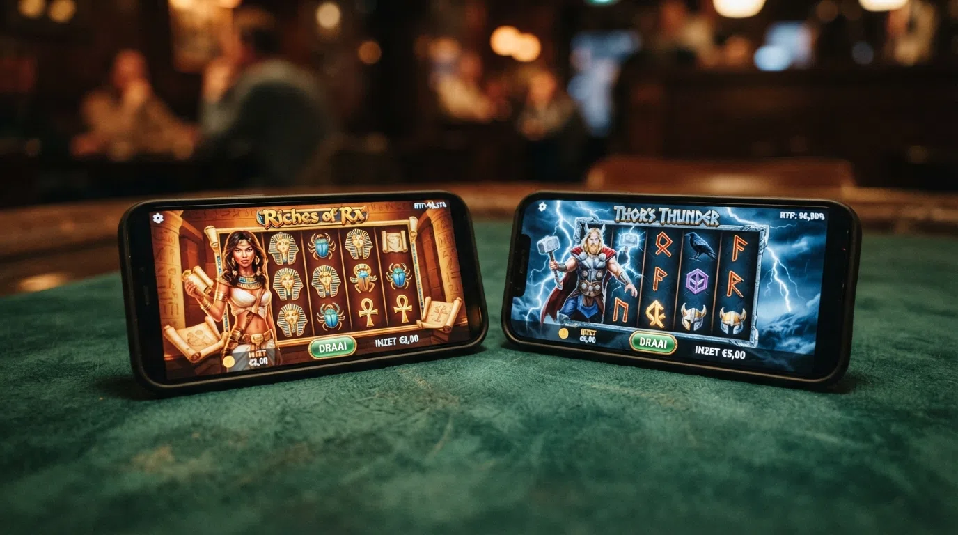 De titelschermen van Book of Dead en Gates of Olympus naast elkaar, met hun RTP-percentages uitgelicht