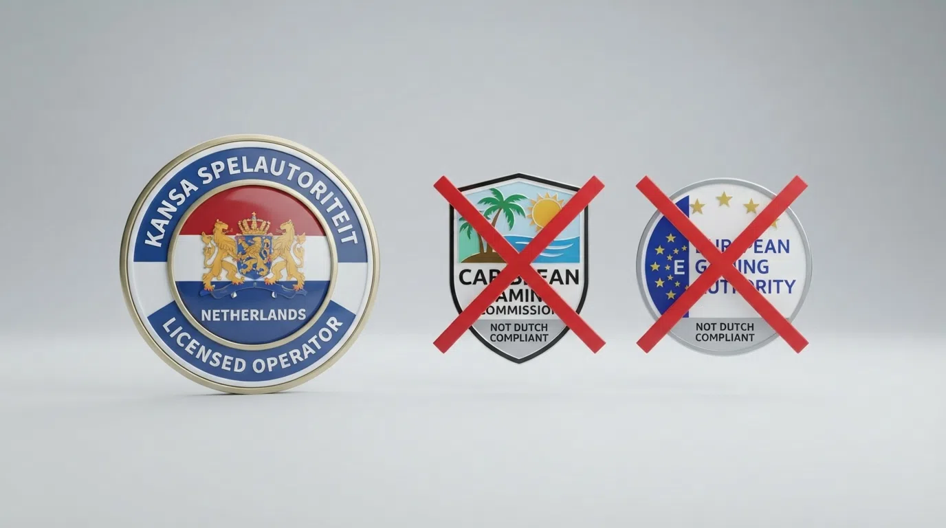 Drie kansspelvergunningen naast elkaar: een KSA-keurmerk, een Curaçao-eGaming-logo en een MGA-logo, met een rood kruis door de laatste twee