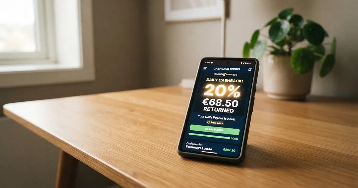 Een online casino-interface met een cashback-percentage en een terugbetaald bedrag zichtbaar op het scherm, naast een klok die een dagelijkse periode aangeeft.