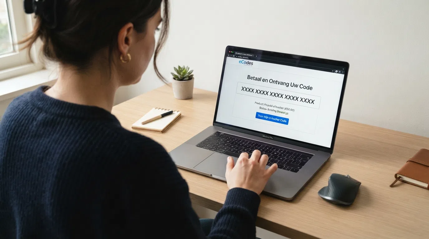 Een schermafbeelding van een CashtoCode-eVoucher-aankoop bij een online reseller, met de 20-cijferige code zichtbaar als placeholder