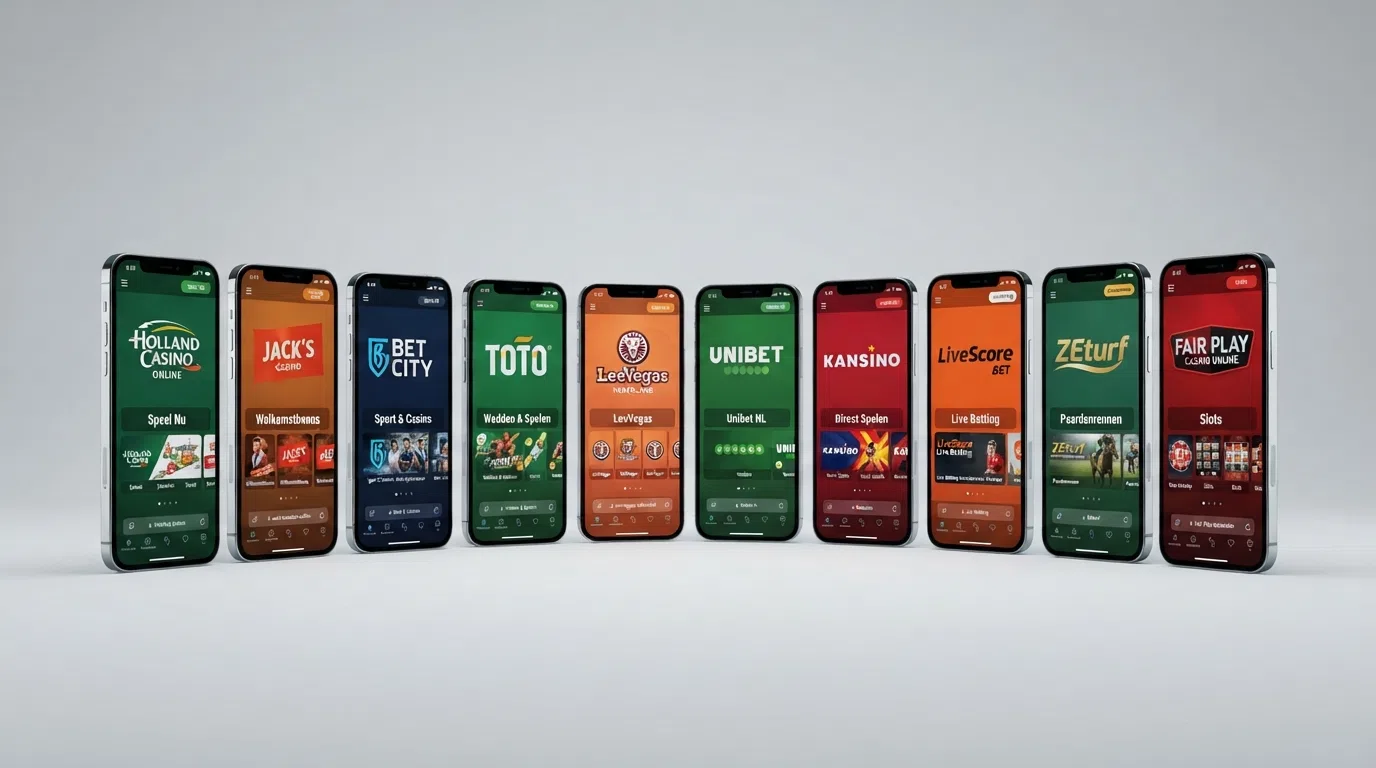 Tien smartphone-schermen met de logo's van de besproken Nederlandse casino apps, gerangschikt op een vergelijkingspagina
