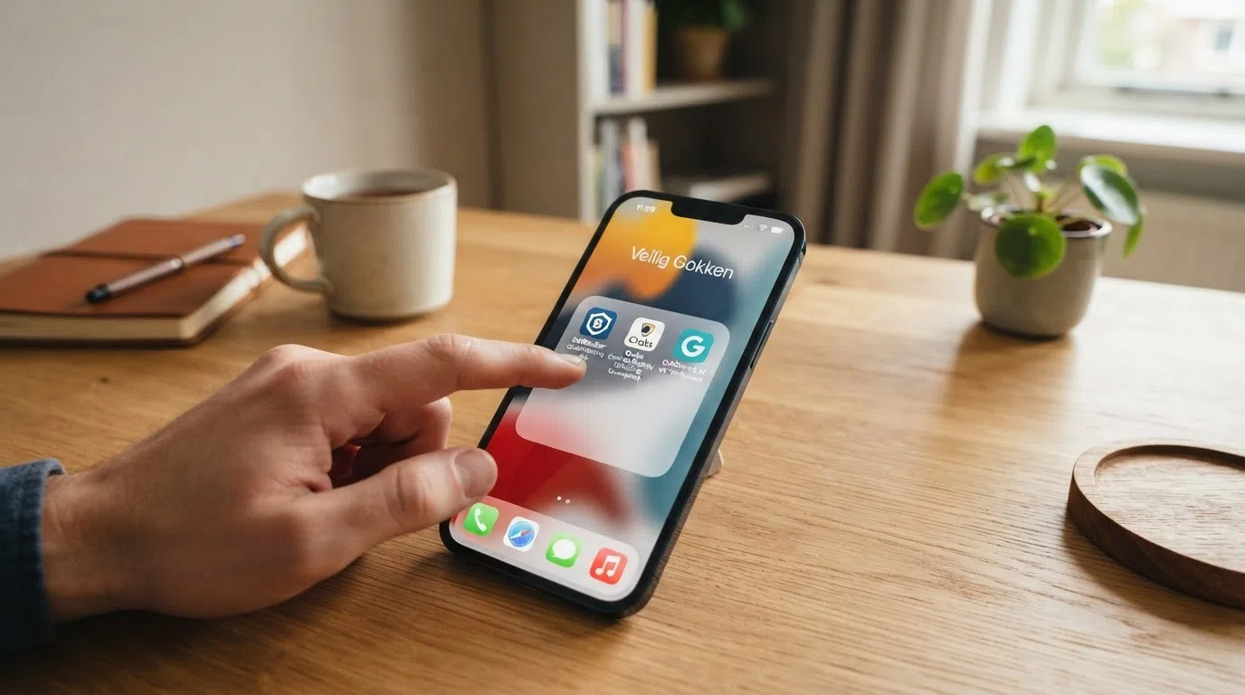 Een iPhone-scherm met drie casino-blokkering-apps naast elkaar: BetBlocker, Casino Blokkeren en het CRUKS-logo