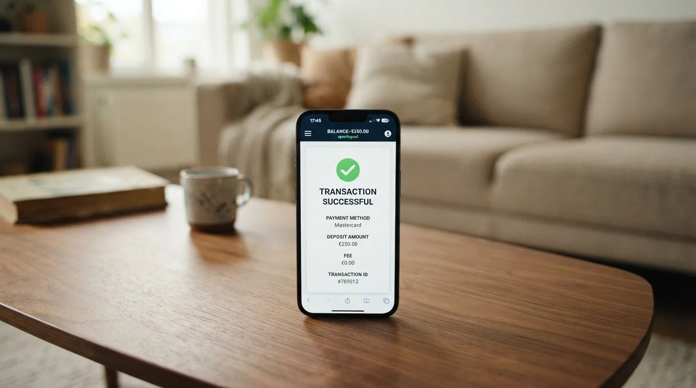 Een smartphone met het iDEAL-betaalscherm tijdens een casinostorting, met het bonusbedrag dat direct na de transactie op het speeltegoed verschijnt