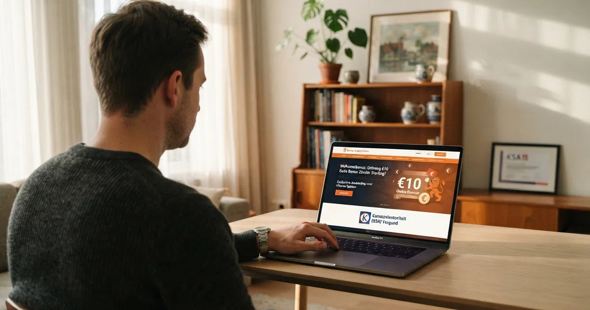 Een Nederlandse speler bekijkt op een laptop het bonusaanbod van een online casino, met op de achtergrond een KSA-keurmerk en bonusvoorwaarden in het Nederlands