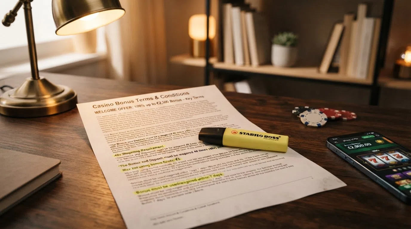Een uitvergrote bonusvoorwaarden-tekst met een markeerstift over de rondspeeleis, de maximale inzet en de uitbetalingstermijn