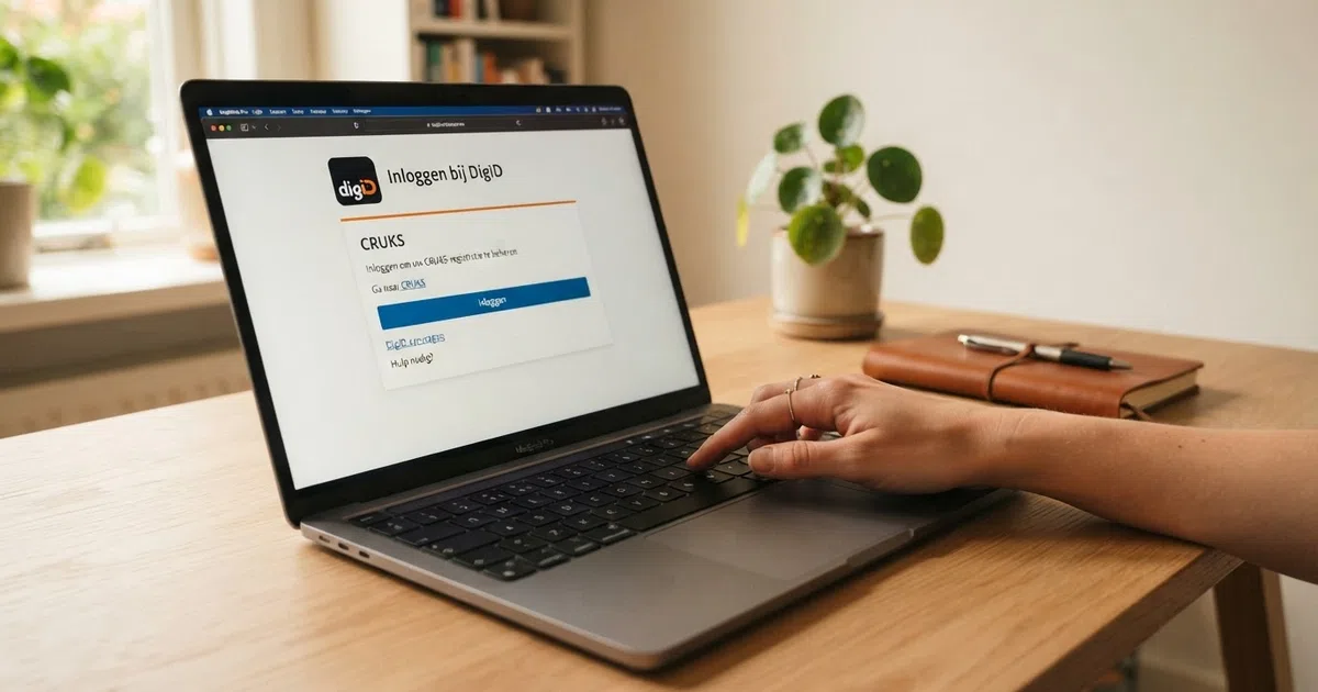 Een schermweergave van het CRUKS-register met een DigiD-inlogscherm op een laptop, met een rood waarschuwingssymbool