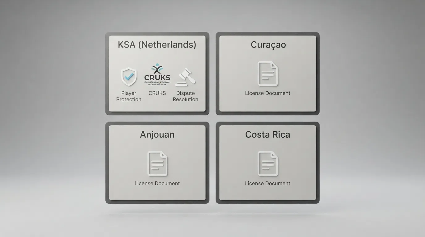 Vier documentachtige tegels met de namen KSA, Curaçao, Anjouan en Costa Rica, elk met icoontjes die de aan- of afwezigheid van spelersbescherming, CRUKS-aansluiting en geschillenbeslechting tonen