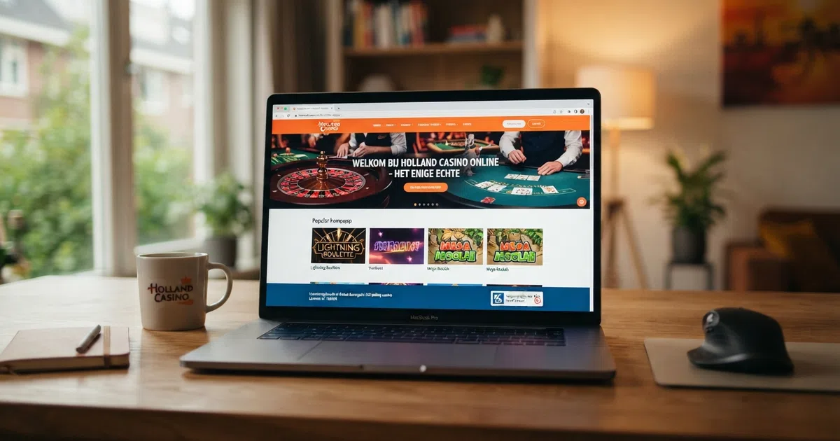 De homepage van Holland Casino Online op een laptop met het spelaanbod zichtbaar en het KSA-keurmerk in beeld