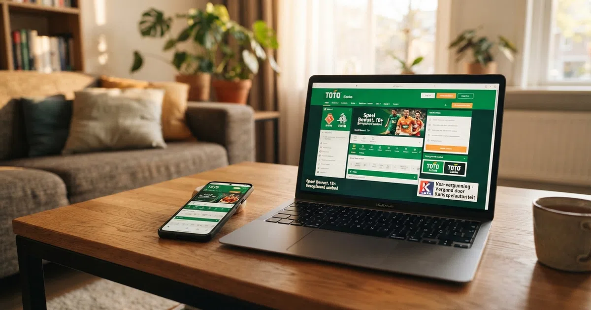 Het Toto Casino-logo en de homepage van casino.toto.nl op een desktopscherm en mobiele telefoon, met zichtbare Ksa-vergunningvermelding