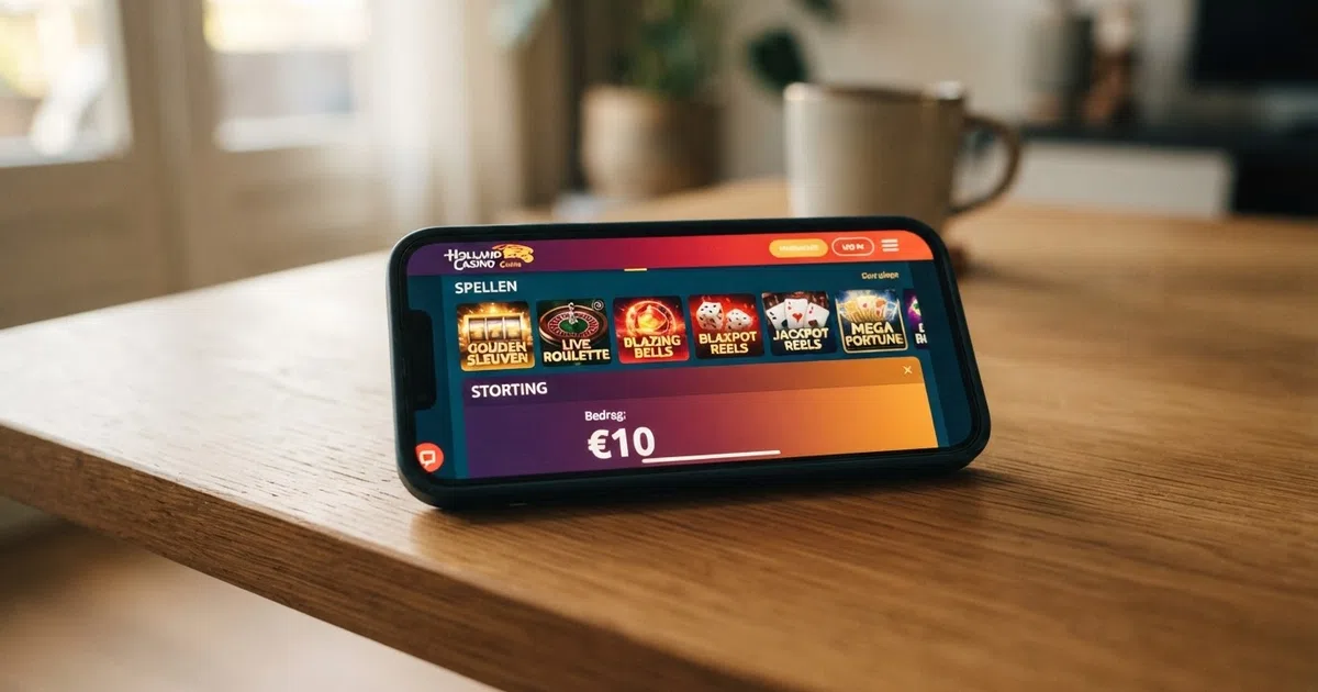 Een overzichtelijke rij van tien Nederlandse online casino-logo's op een scherm met een smartphone die een iDEAL-betaalpagina toont met het bedrag €10