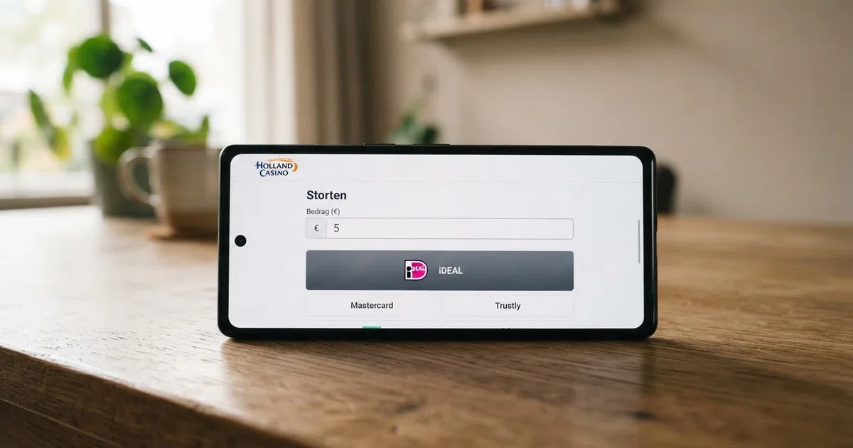 Een smartphone met het stortingsscherm van een Nederlands online casino waarop het bedrag van €5 wordt ingevoerd, met het iDEAL-logo zichtbaar