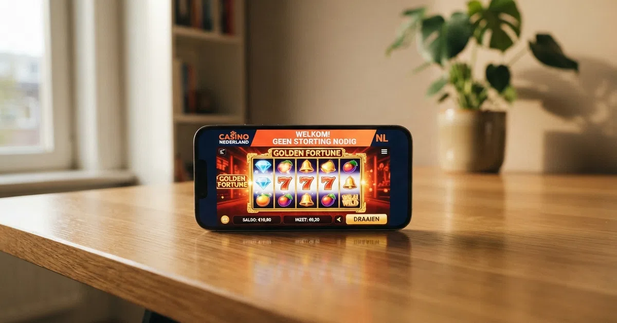 Een Nederlandse online casino-webpagina met een uitgelichte no deposit bonus-aanbieding en een duidelijke 'registreer nu'-knop